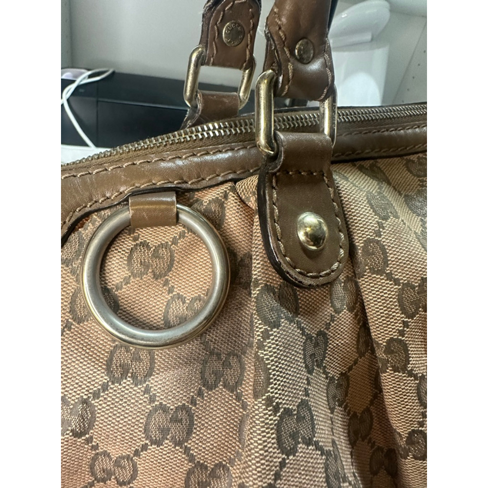 Women's Gucci Monogram Canvas Leather Trim Satchel Bag Brown/Tan One Size - Picture 4 of 16